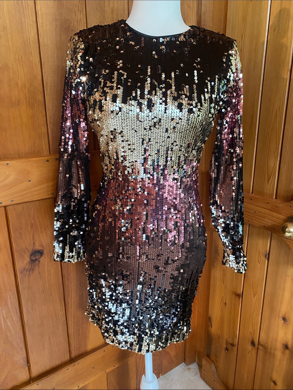 NWT Zara Sequin Ombre Long-Sleeve Dress - Black, Gold, Pink